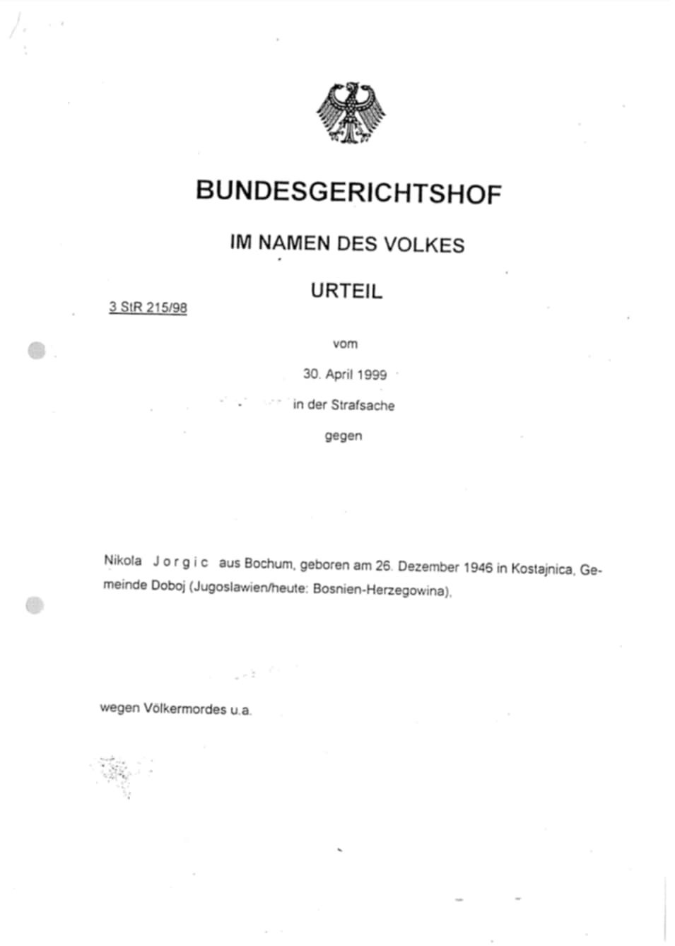 German Federal Court ruling on genocide - Jorgić case document page 1