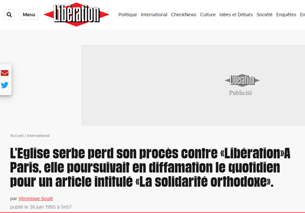 Liberation newspaper report - Serbian Orthodox Church loses lawsuit for war crimes and genocide